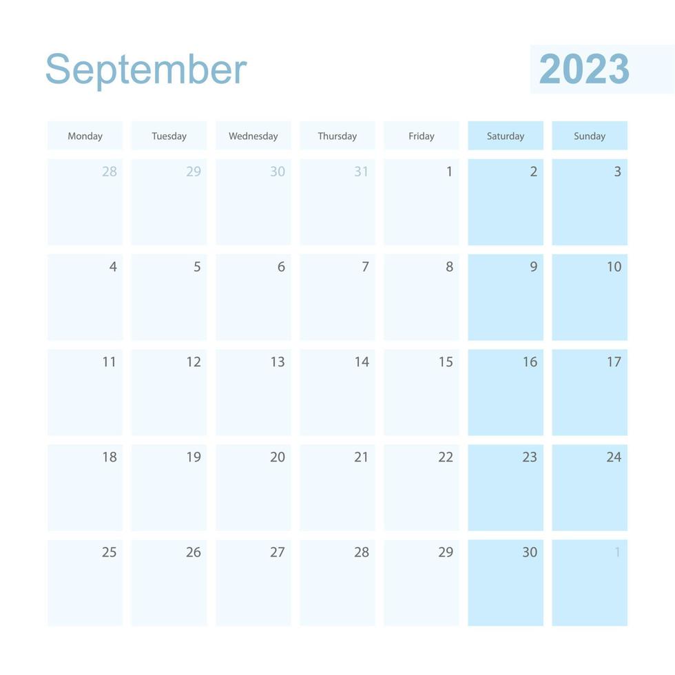 Wandplaner September 2023 in blauer Pastellfarbe, Woche beginnt am Montag. vektor