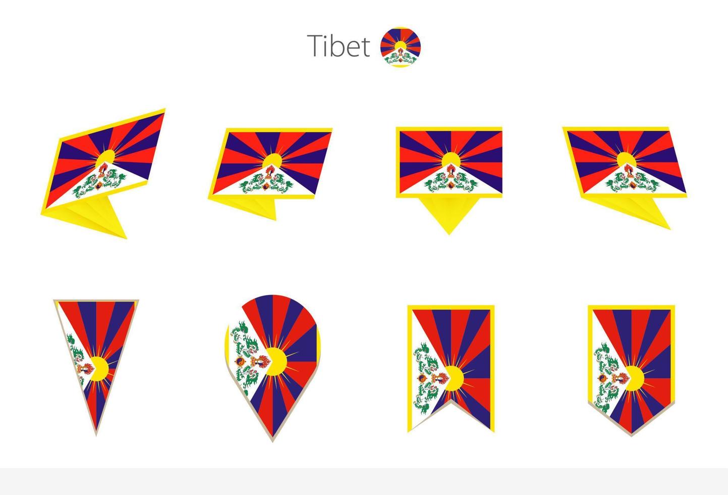 Tibetische Nationalflaggensammlung, acht Versionen von Tibet-Vektorflaggen. vektor