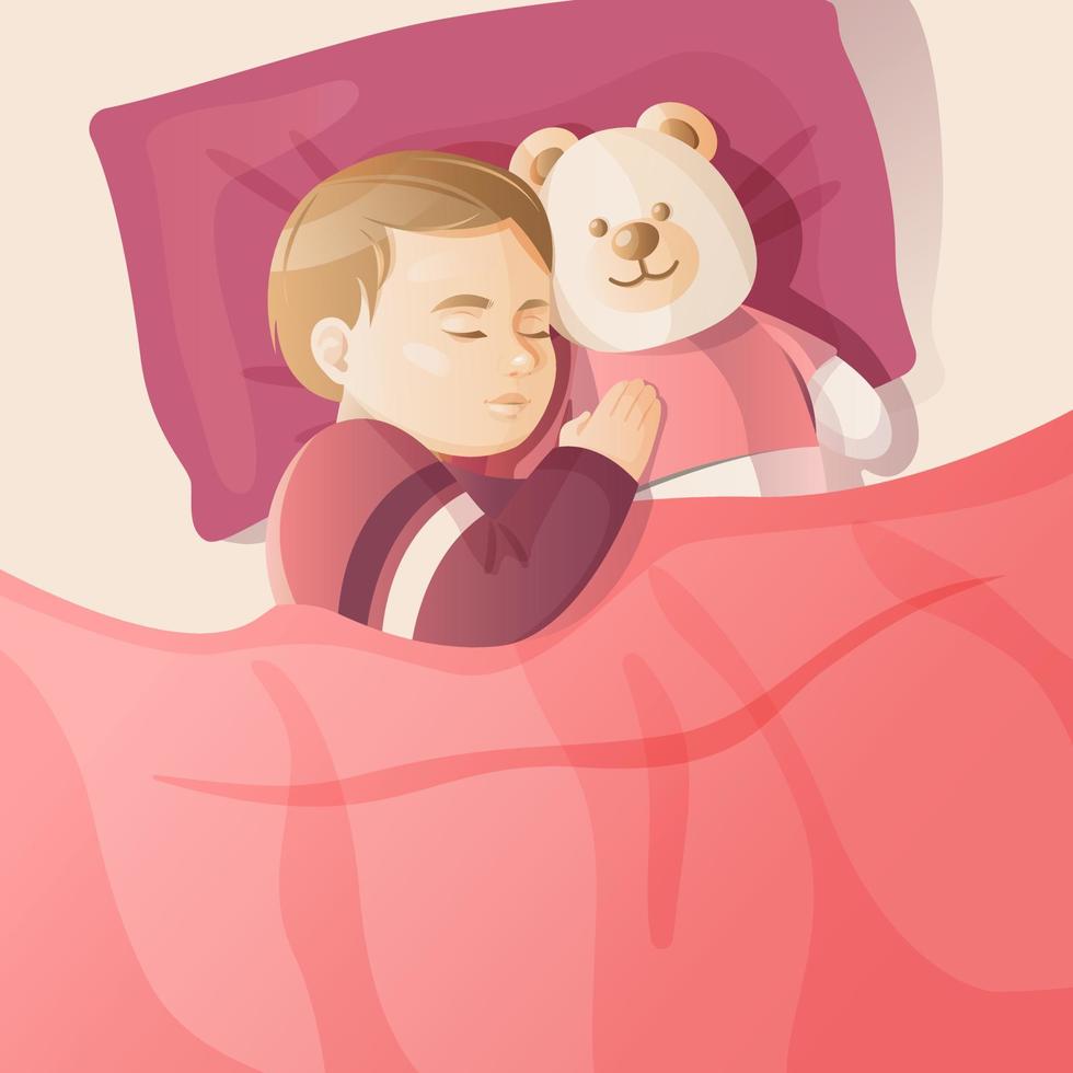 Blick von oben auf das Baby, das mit Teddybär im Bett schläft. vektor