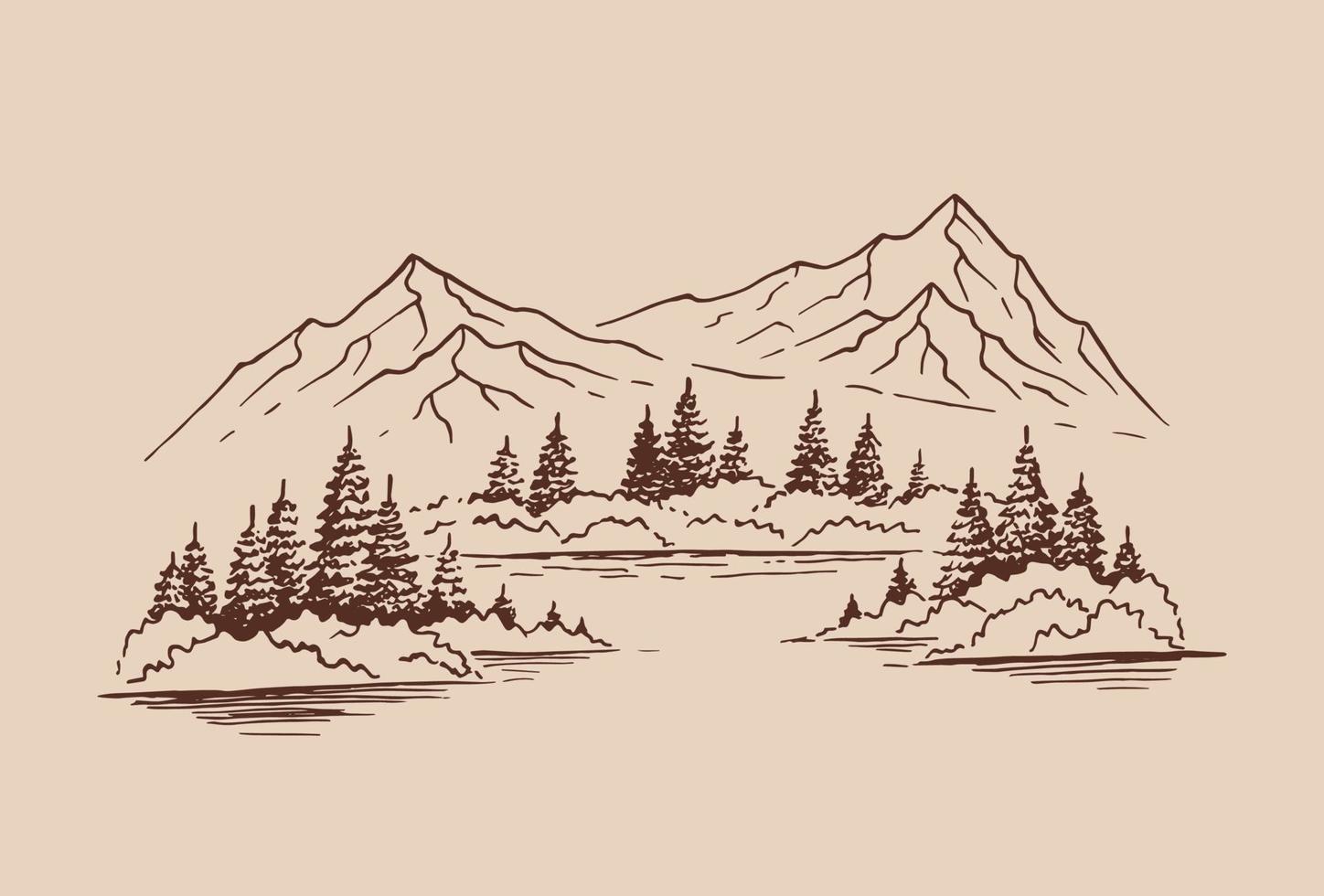 Berg mit Pinien und Seenlandschaft. handgezeichnete illustration in vektor umgewandelt.