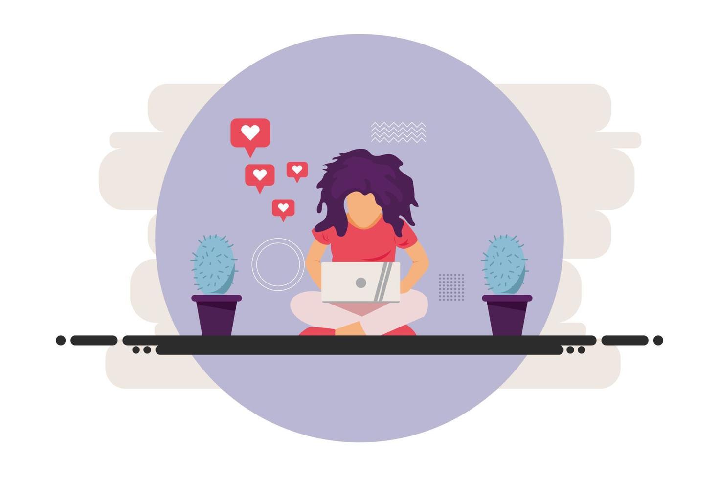 kvinnor person arbetssätt med bärbar dator. flicka människor Sammanträde på golv skicka mini hjärta arbetsplats, rosa cirkel bakgrund, platt stil. vektor illustration för infografik, webb baner, mobil, närvarande.