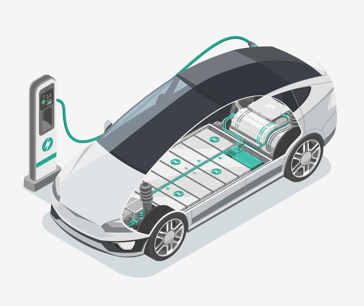 e-mobilität ev elektroauto stopp an ladestation ökologie innen geschnitten zeigen batteriekonzept isometrischer isolierter vektor