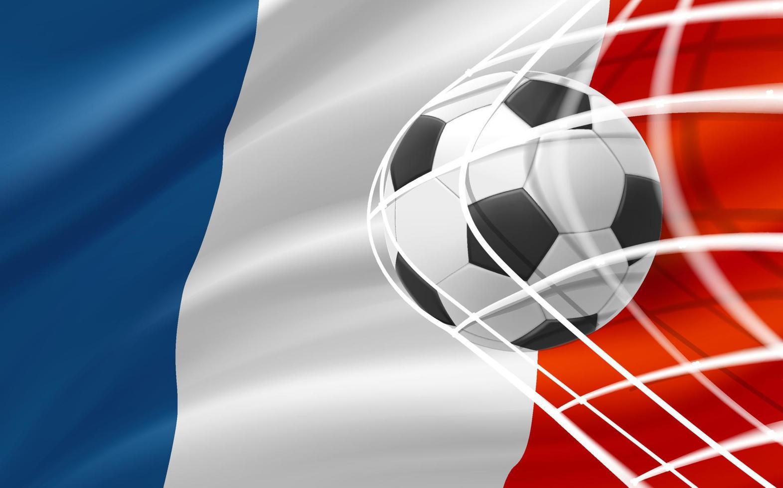 realistischer lederfußball im netz mit flagge von frankreich. 3D-Vektor-Illustration vektor