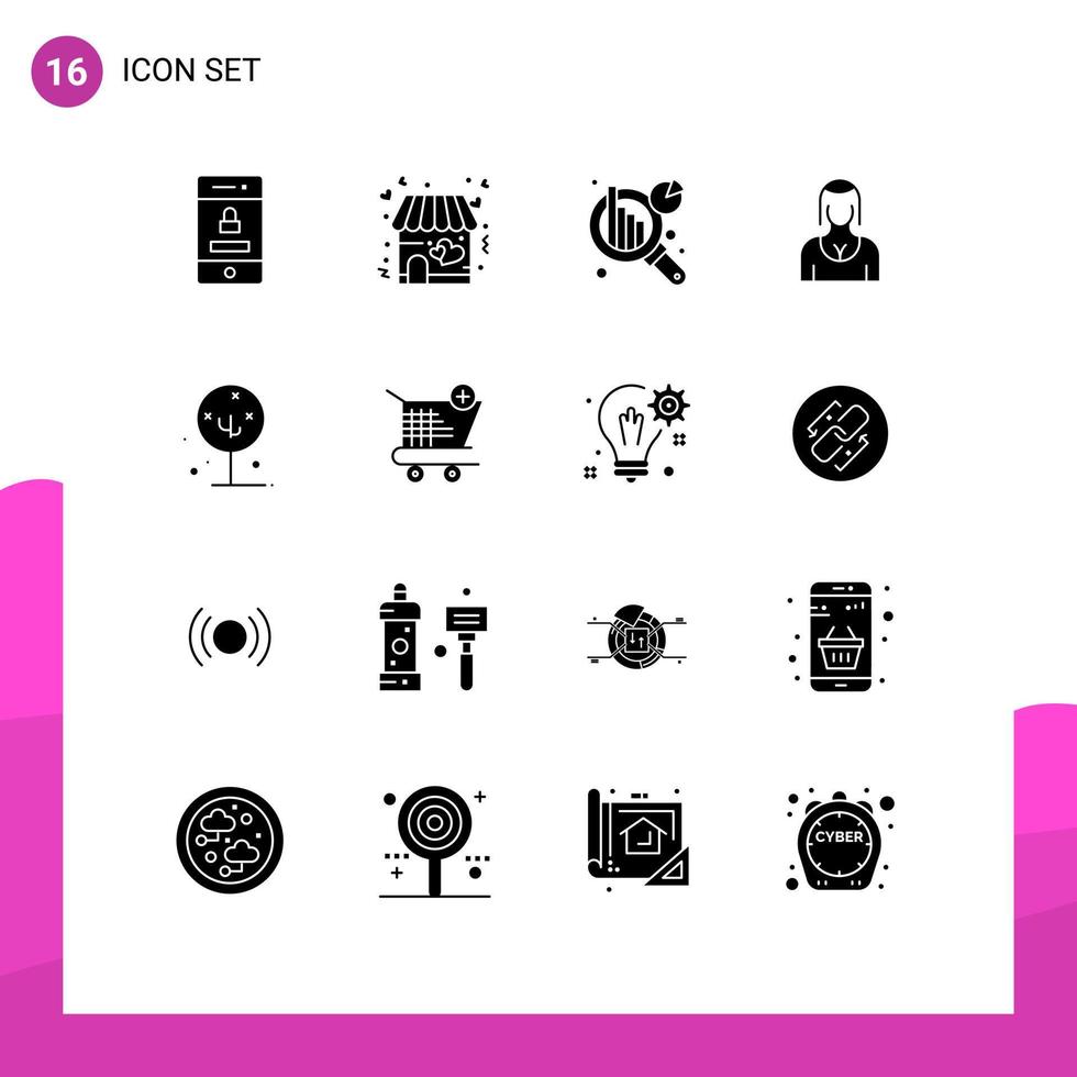 Gruppe von 16 modernen soliden Glyphen für Blumendamen-Diagrammanalyse Mädchen Avatar editierbare Vektordesign-Elemente vektor