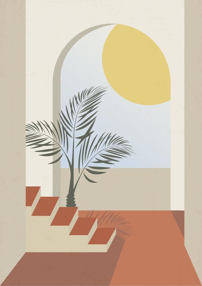 ästhetische illustration der balkonarchitektur, mediterranes plakat. Wanddekoration im böhmischen Stil. Retro und klassische Bauweise. Cartoon-Vektor vektor