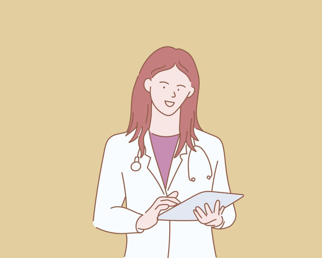 kvinna läkare med Urklipp data medicinsk Rapportera med översikt eller linje och rena enkel människor stil vektor