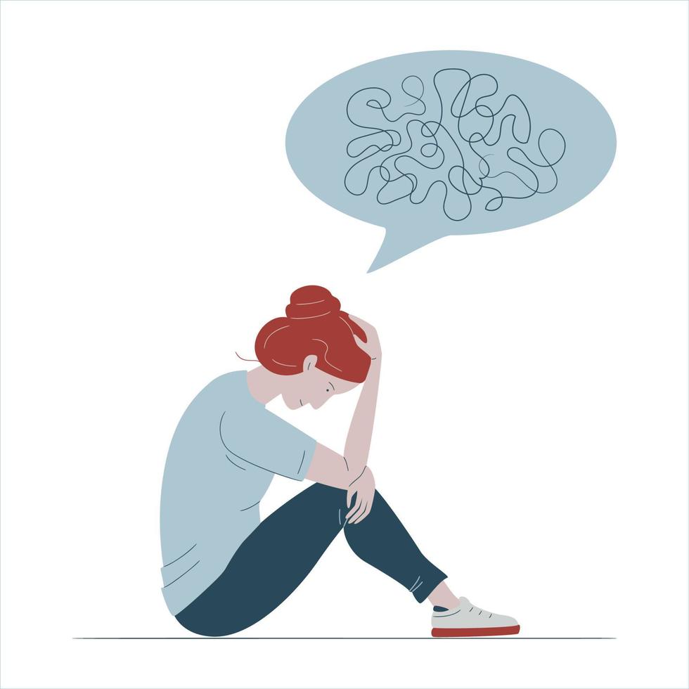 deprimerad ung kvinna med förvirrad tankar i henne sinne. begrepp av påfrestning, depression, dålig humör, sorg, olycklig, mental sjukdom, psykologi. platt vektor illustration