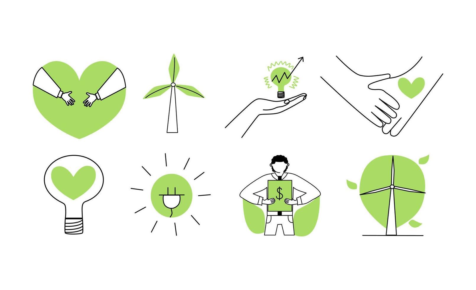 eine reihe konzeptioneller symbole zum thema esg. grüne Symbole für nachhaltige Umwelt mit Händen, Windmühle, Energie, Mensch. vektor