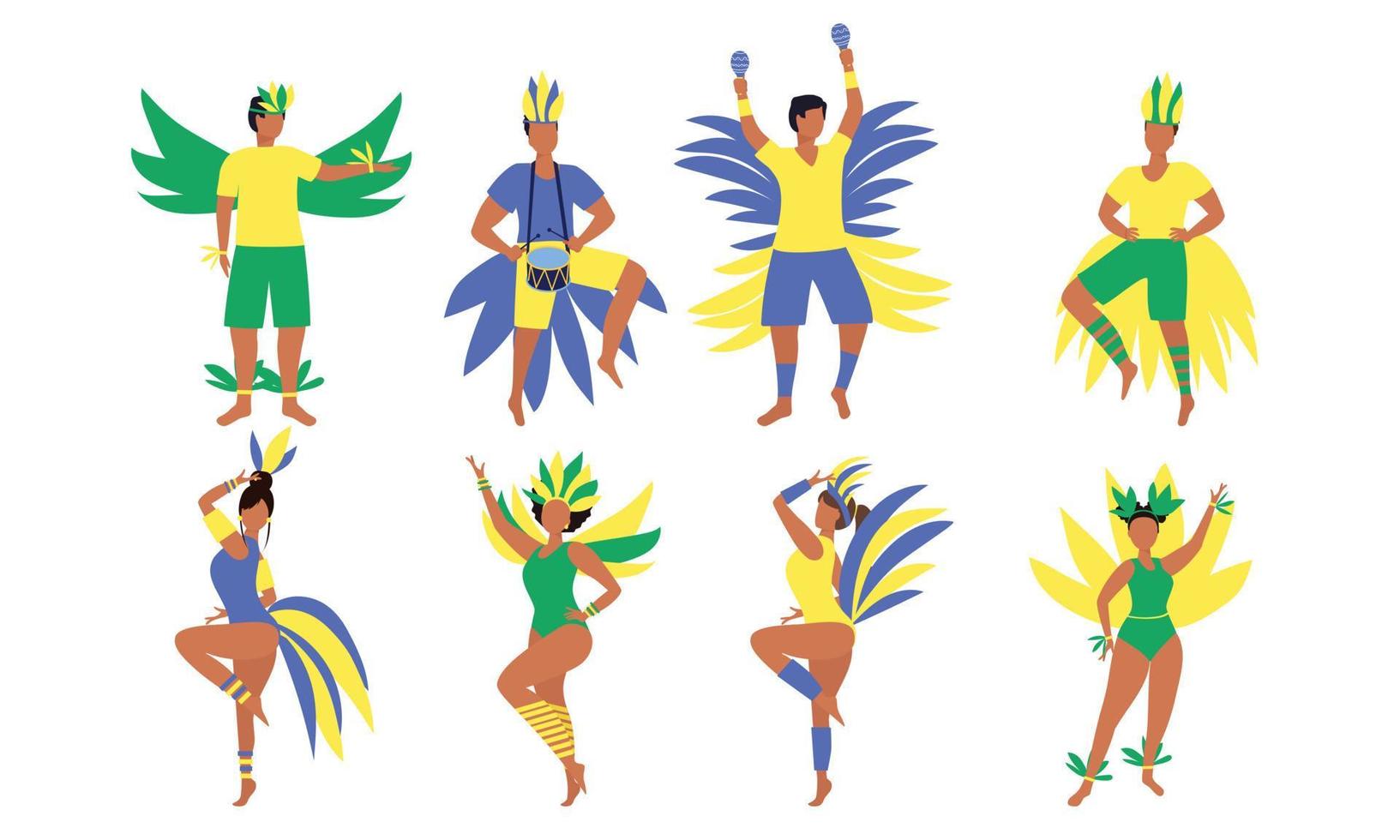 uppsättning av karneval människor. många latin människor dans i karneval Brasilien kostym med vingar. vektor illustration.