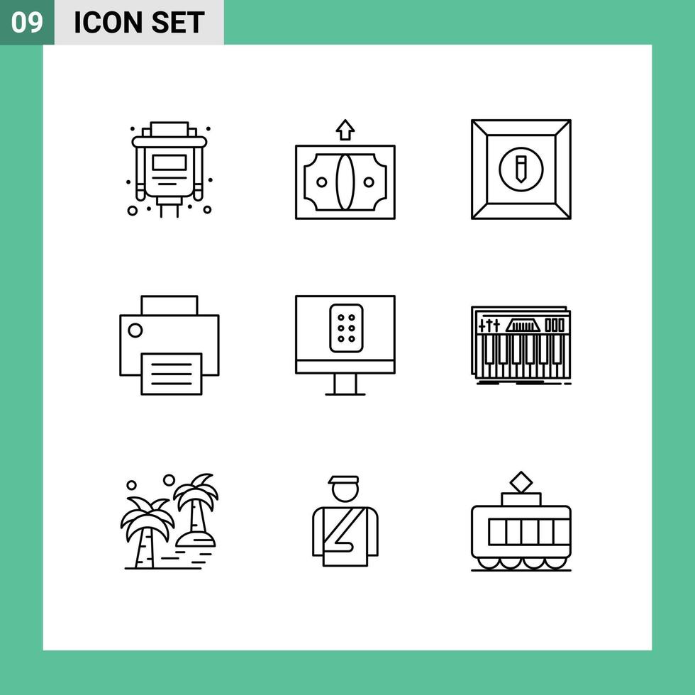 Stock Vector Icon Pack mit 9 Zeilenzeichen und Symbolen für die TV-Steuerung, bearbeiten Sie das Drucker-Gadget, editierbare Vektordesign-Elemente