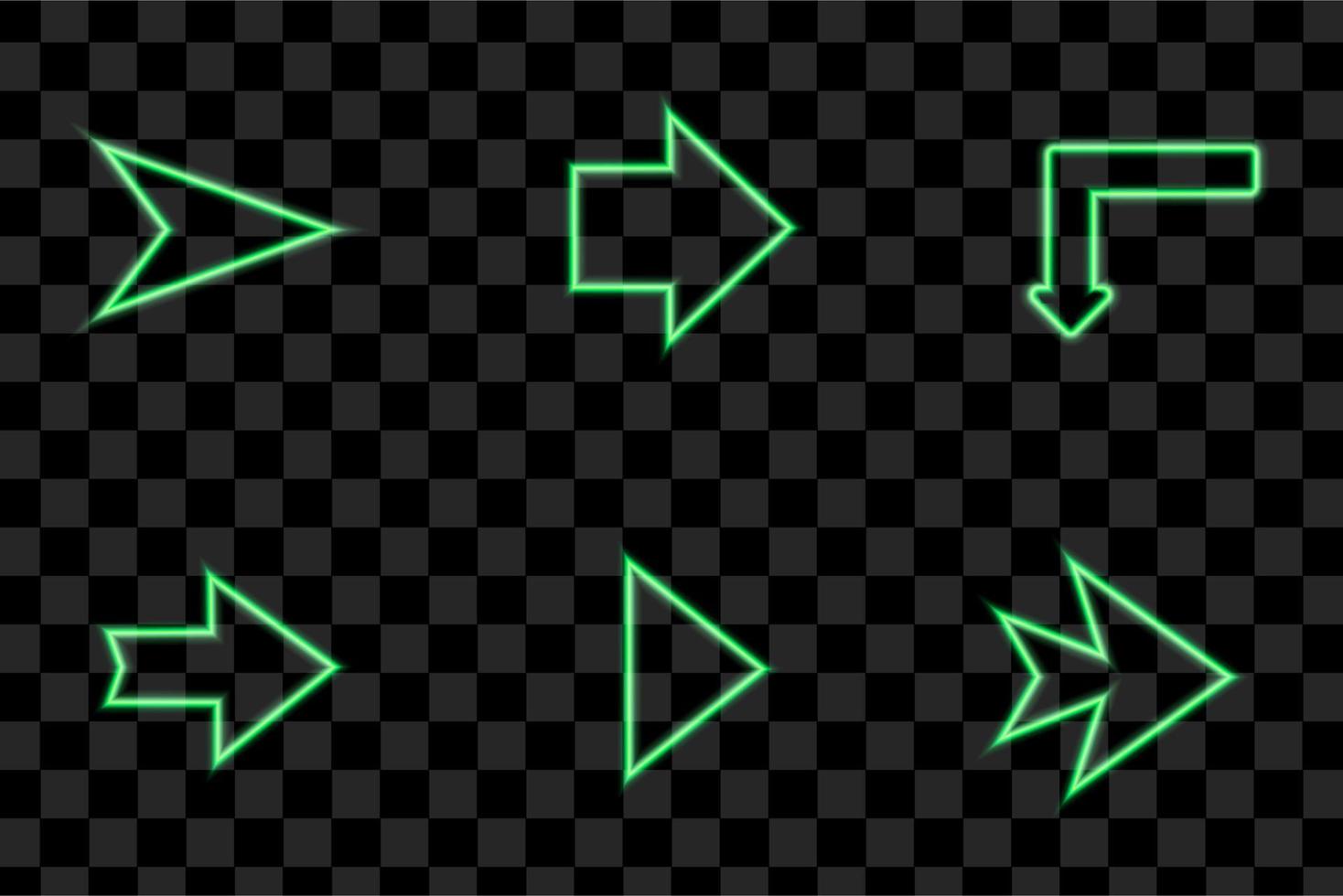 neon rätt pilar grön vektor ikoner uppsättning. realistisk lysande pekare på transparent bakgrund. plats indikator för kasino, bar, bio, natt klubb och motell, isolerat symboler packa.