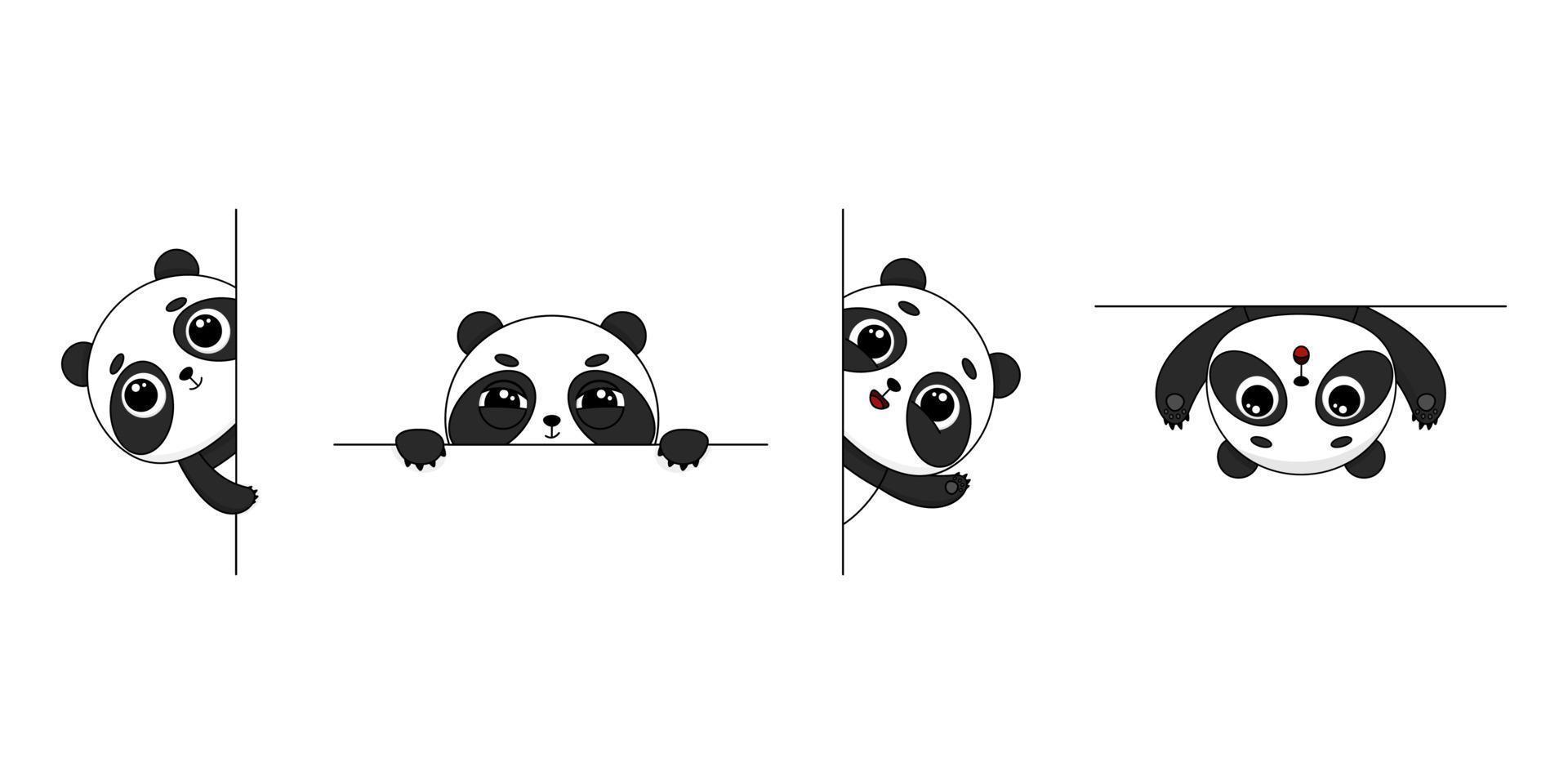 söt tecknad serie panda uppsättning. panda kikar runt om de hörn. vektor illustration