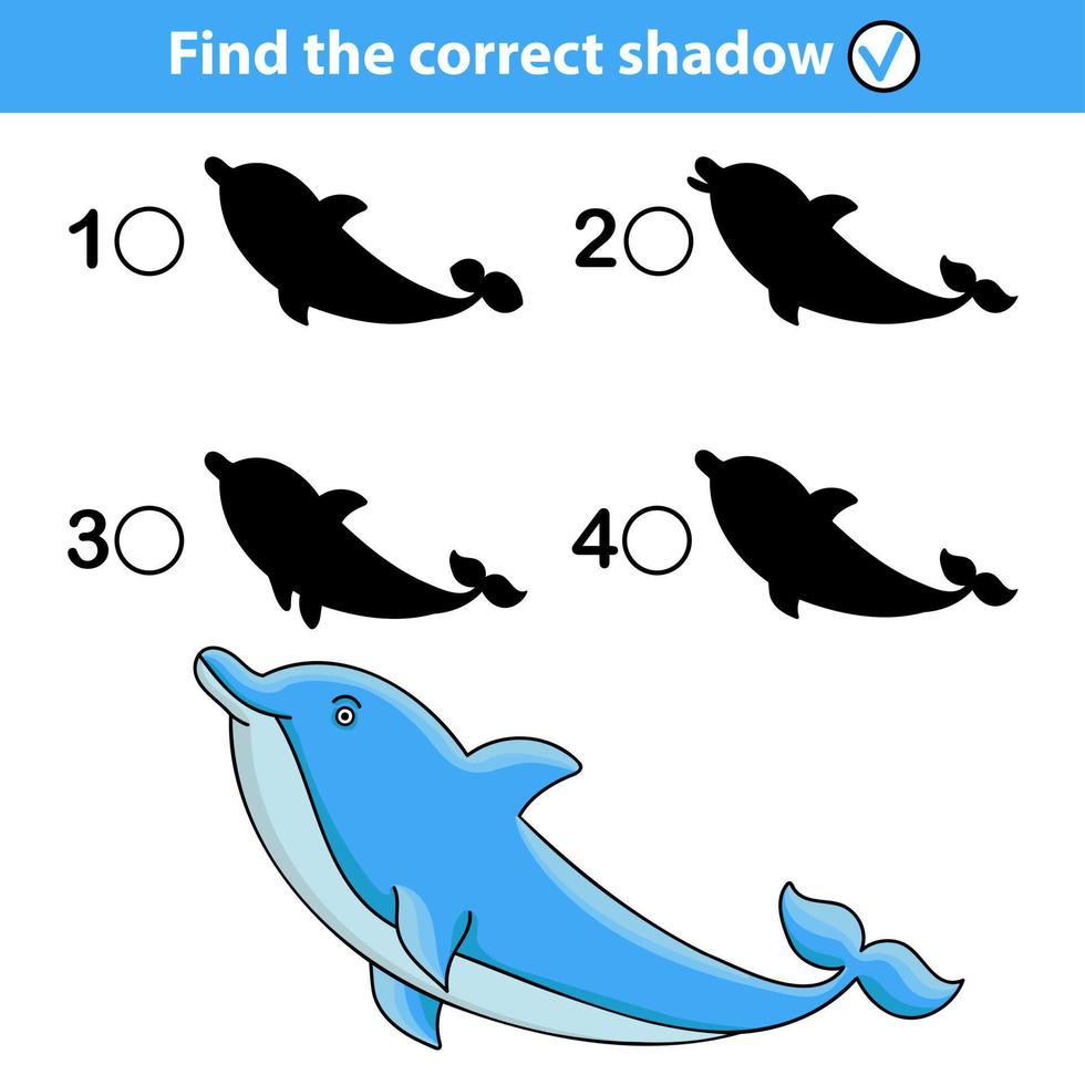 ein Lernspiel für Kinder mit Delfinen namens Finde den richtigen Schatten. Vektor-Illustration vektor