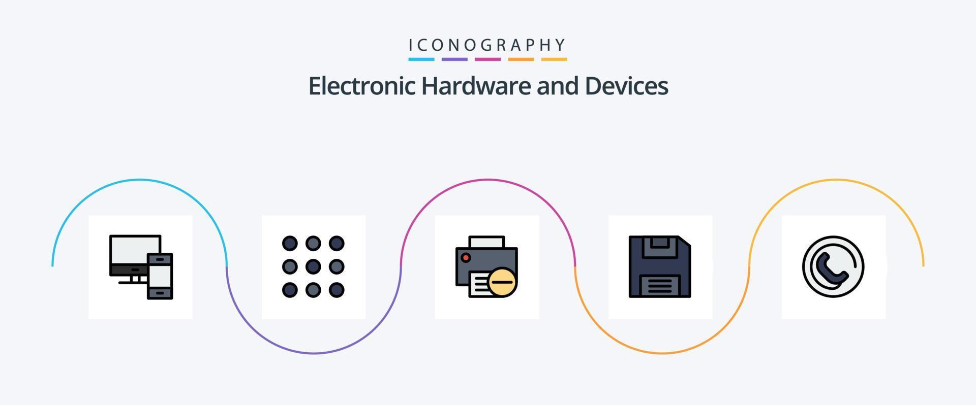 enheter linje fylld platt 5 ikon packa Inklusive telefon. spara. datorer. diskett. skrivare vektor
