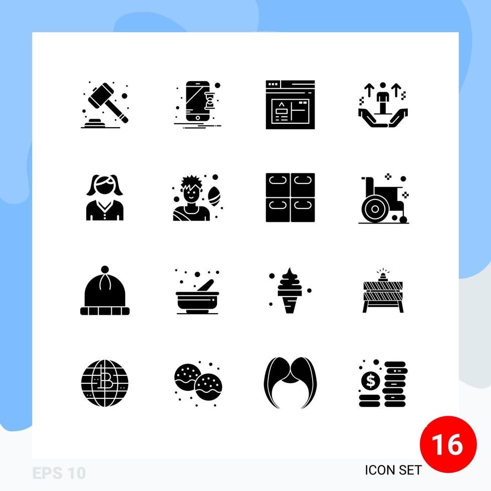 Gruppe von 16 soliden Glyphen Zeichen und Symbolen für weibliche Support-Anwendung Mann Benutzer editierbare Vektordesign-Elemente vektor
