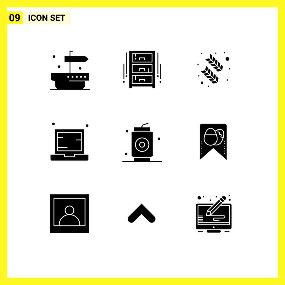 grupp av 9 fast glyfer tecken och symboler för öl bärbar dator fjäder elektronisk dator redigerbar vektor design element