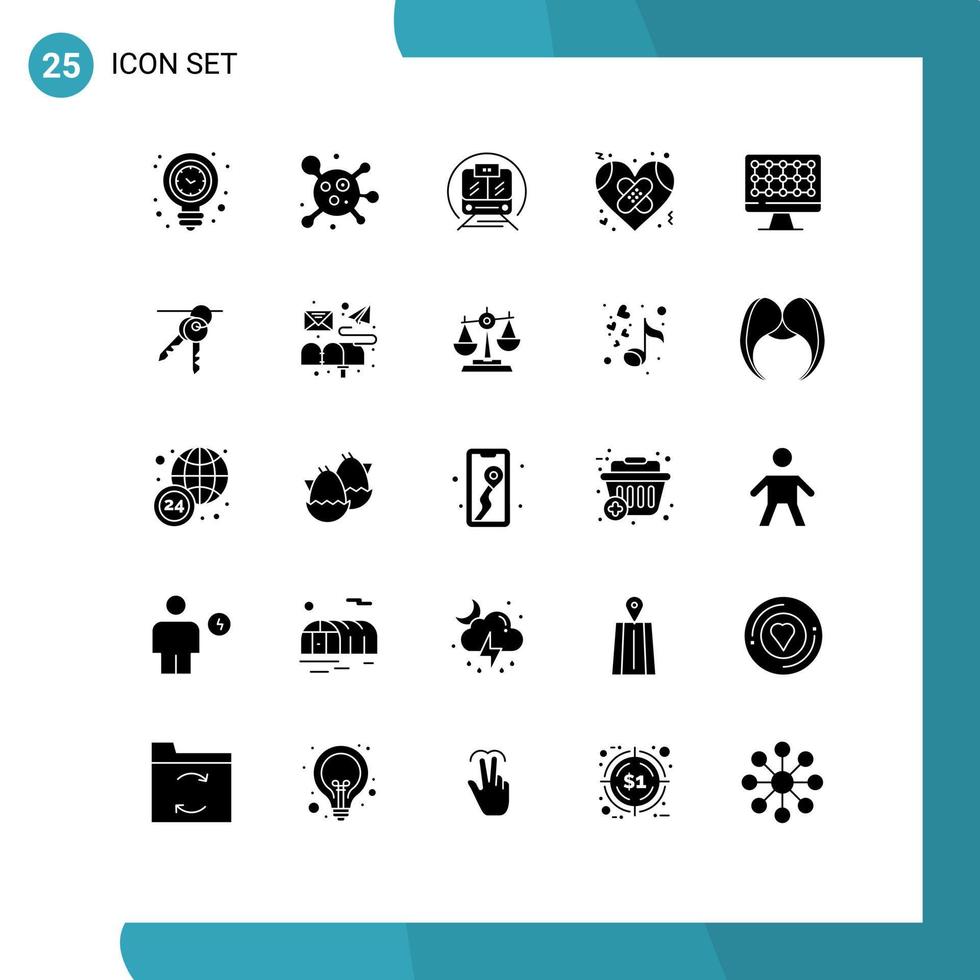 25 universelle solide Glyphenzeichen Symbole von editierbaren Vektordesign-Elementen für Computer-Herzgeschwindigkeitszug-Gesundheitsverband vektor