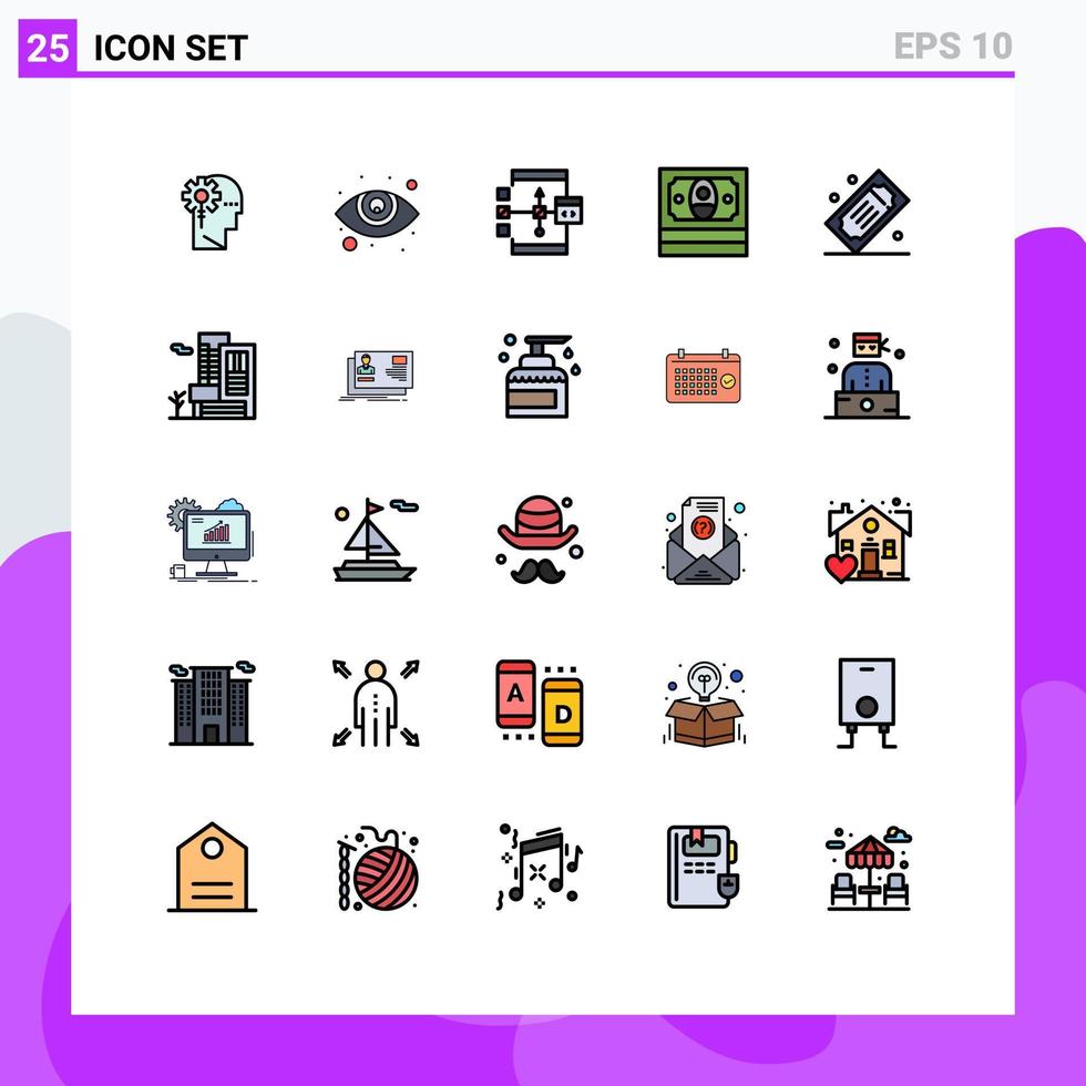 moderner satz von 25 gefüllten flachen linienfarben und symbolen wie filmverlosung geld app finanzflussdiagramm editierbare vektordesignelemente vektor