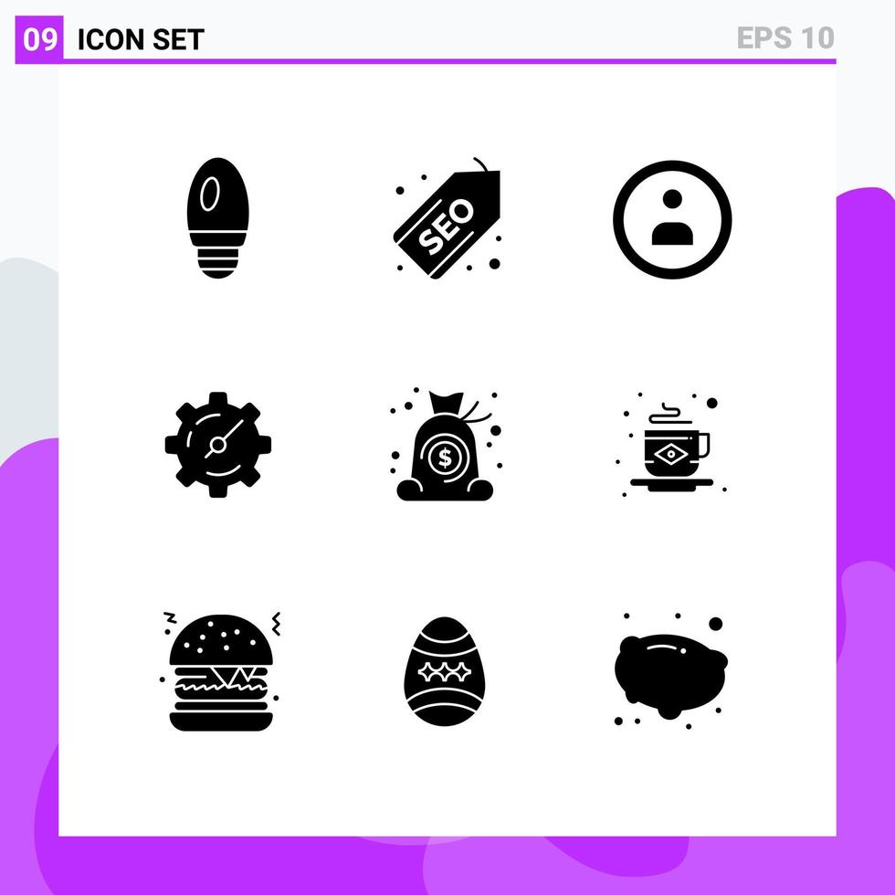 Satz von 9 kommerziellen Solid-Glyphen-Paket für Frühstücksgeldnavigation Cash-Timer editierbare Vektordesign-Elemente vektor
