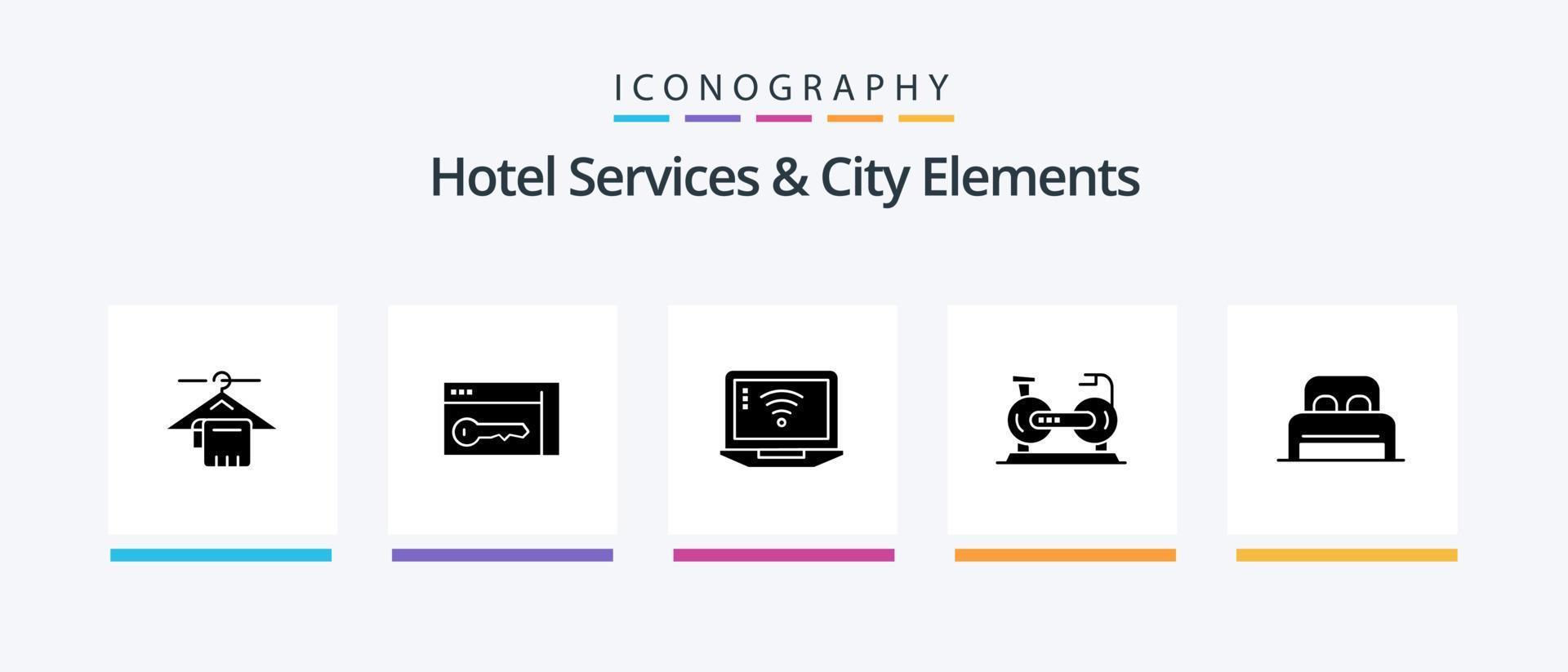 Hotelservices und Stadtelemente Glyph 5 Icon Pack inklusive Bett. Fahrrad. Laptop. die Übung. Fahrrad. kreatives Symboldesign vektor