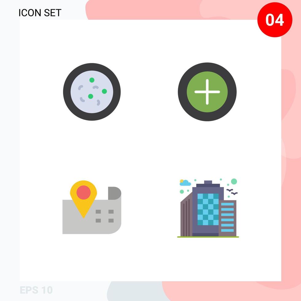 flaches Icon-Set für die mobile Schnittstelle mit 4 Piktogrammen von Bakterien, Stadt, Geld, Navigation, 5 editierbare Vektordesign-Elemente vektor