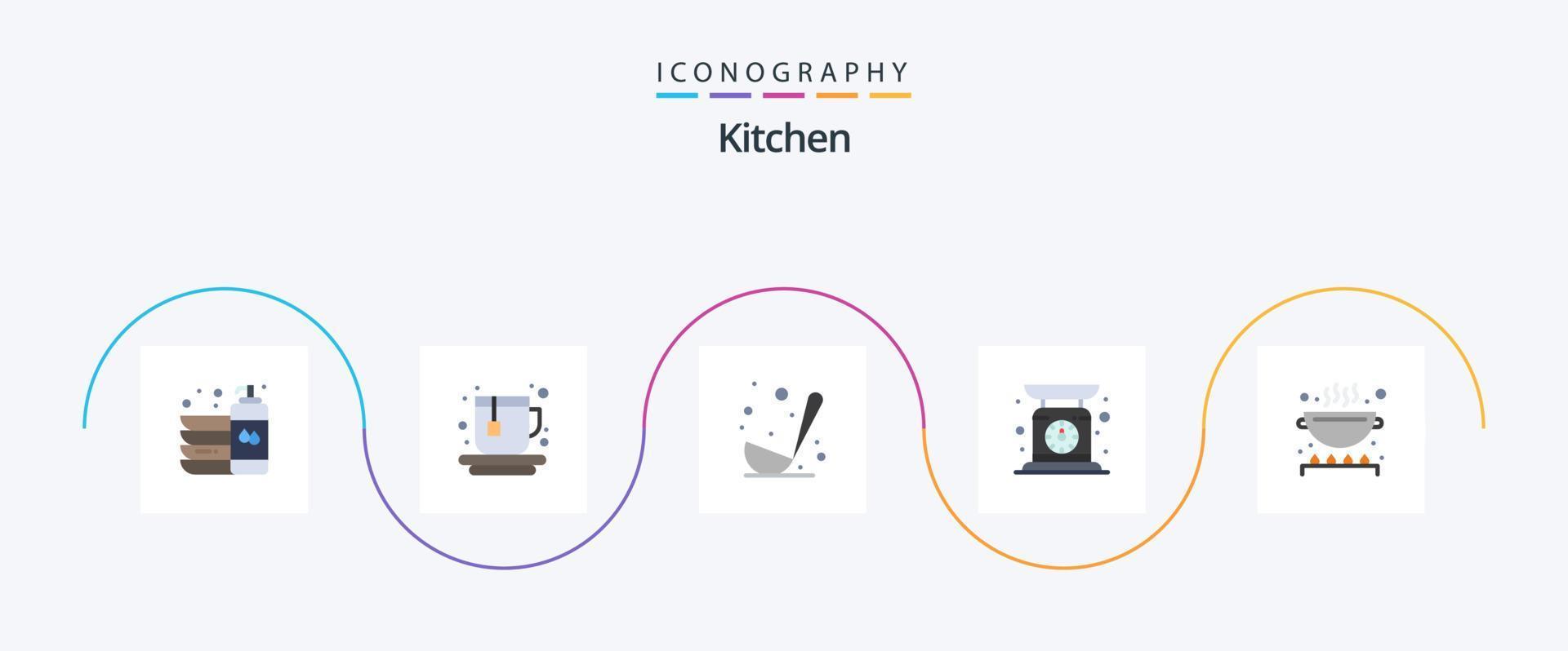 Küchenwohnung 5 Icon Pack inklusive Kochen. Wiegen. Kochen. Skala. Gewicht prüfen vektor