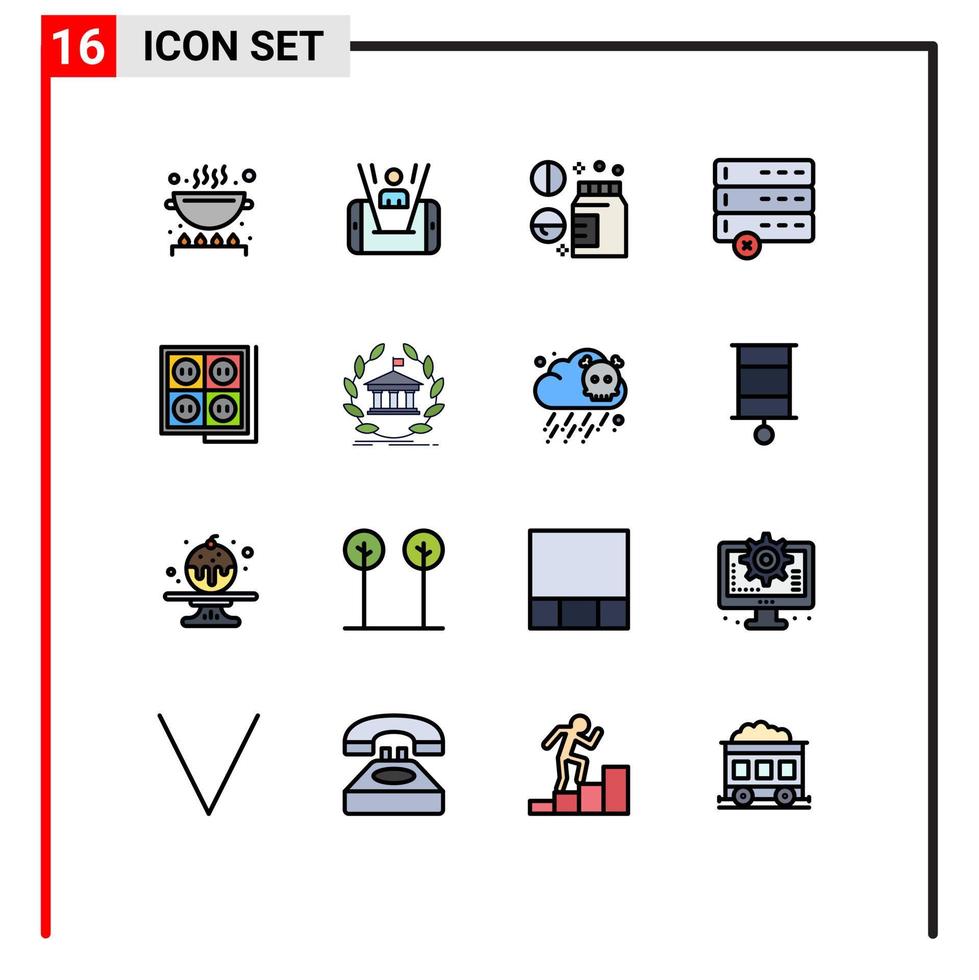 Gruppe von 16 flachen, farbgefüllten Linien Zeichen und Symbole für Plug-Building-Medikamente löschen editierbare kreative Vektordesign-Elemente vektor