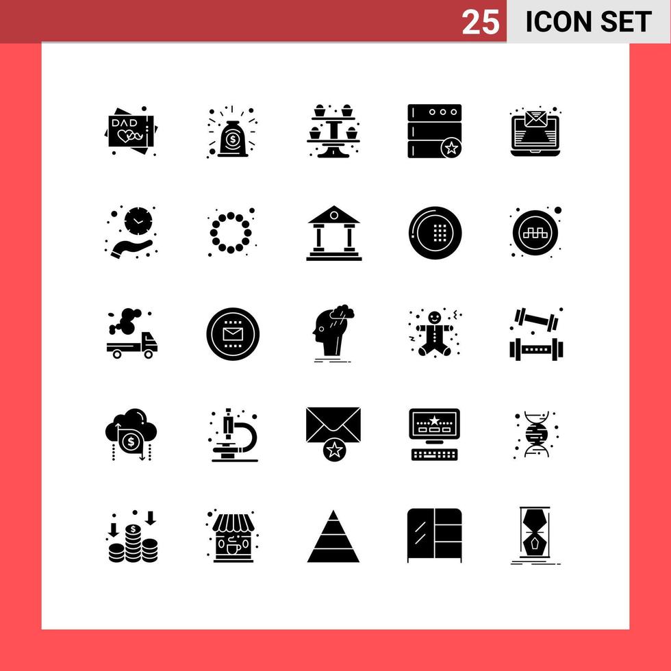 universell ikon symboler grupp av 25 modern fast glyfer av klocka post matlagning e-post favorit redigerbar vektor design element