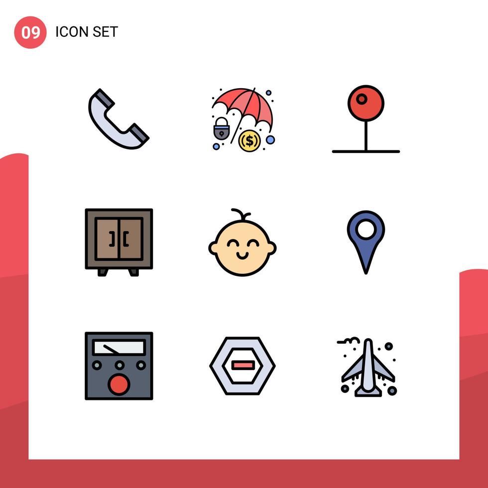 universell ikon symboler grupp av 9 modern fylld linje platt färger av geo plats barn media spelare bebis interiör redigerbar vektor design element