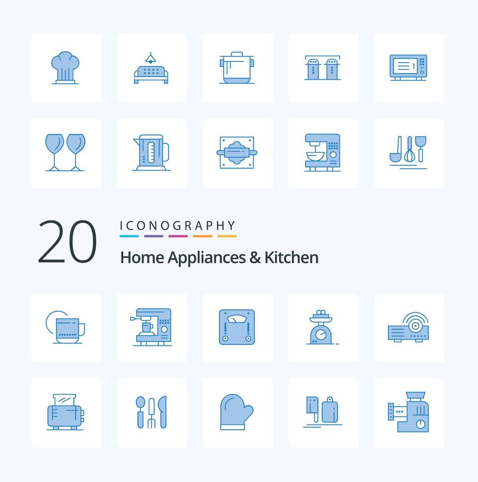 20 Haushaltsgeräte und Küche blau Icon Pack wie Salzreis Restaurant Küche zu Hause vektor