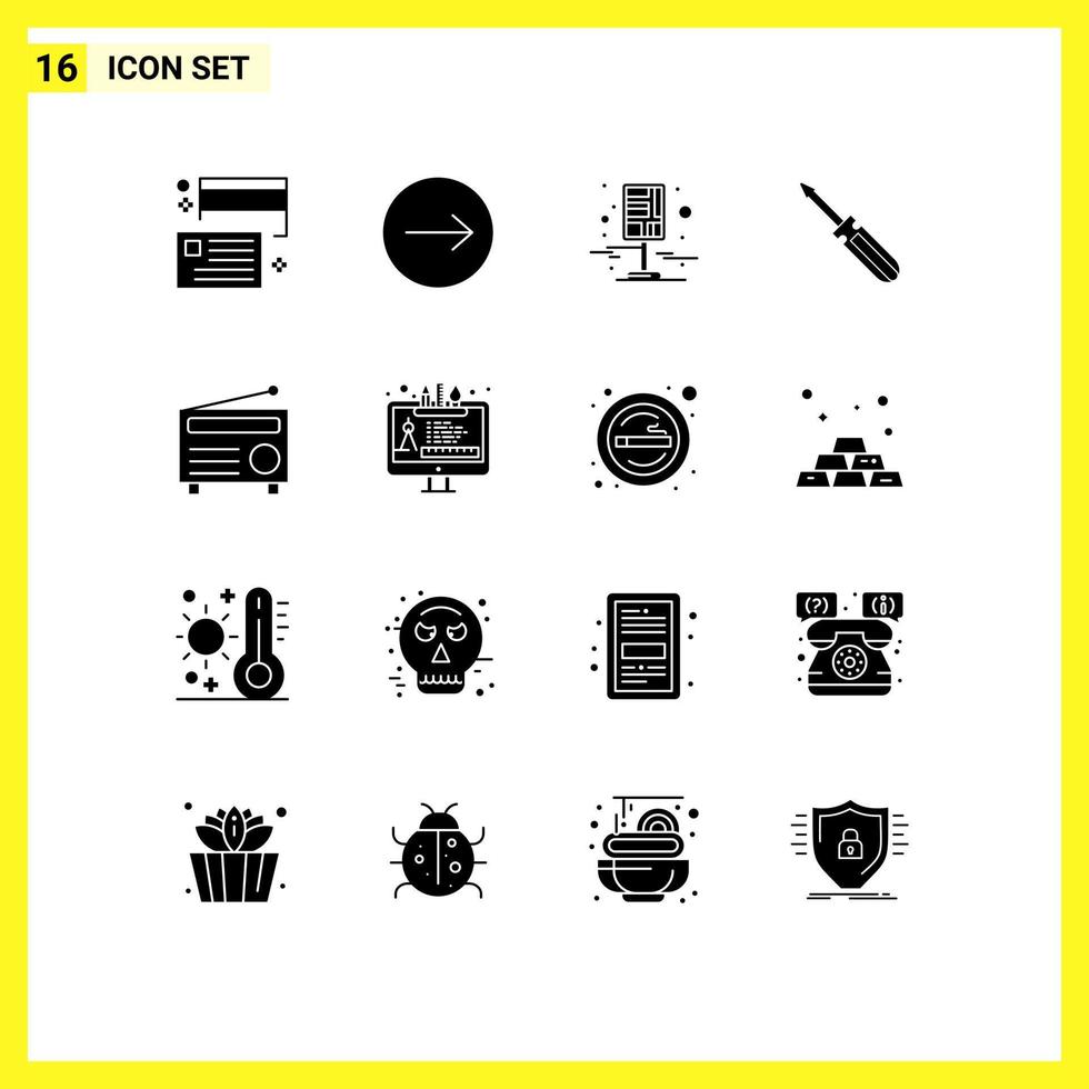 moderner Satz von 16 soliden Glyphen und Symbolen wie Werkzeuge, Werkzeug, Stadtfahrer, Straßen, bearbeitbare Vektordesign-Elemente vektor