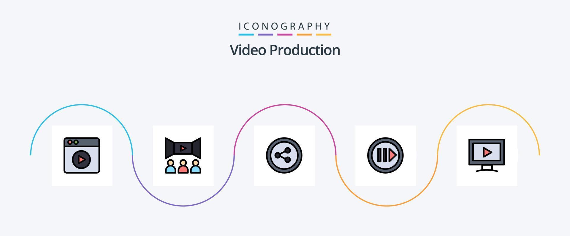 Video-Produktionslinie gefüllt Flat 5 Icon Pack inklusive Play. Bildschirm. Teilen. Monitor. p vektor