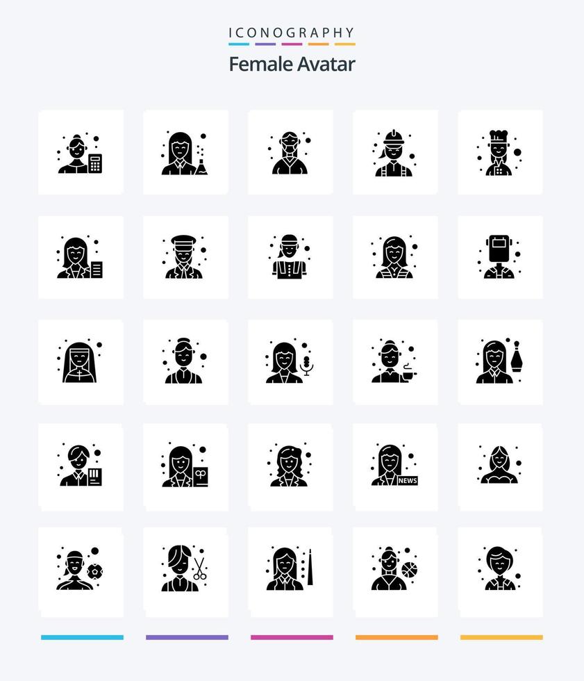 kreativ kvinna avatar 25 glyf fast svart ikon packa sådan som ingenjör. konstruktion. apotek. sjuksköterska. mask vektor
