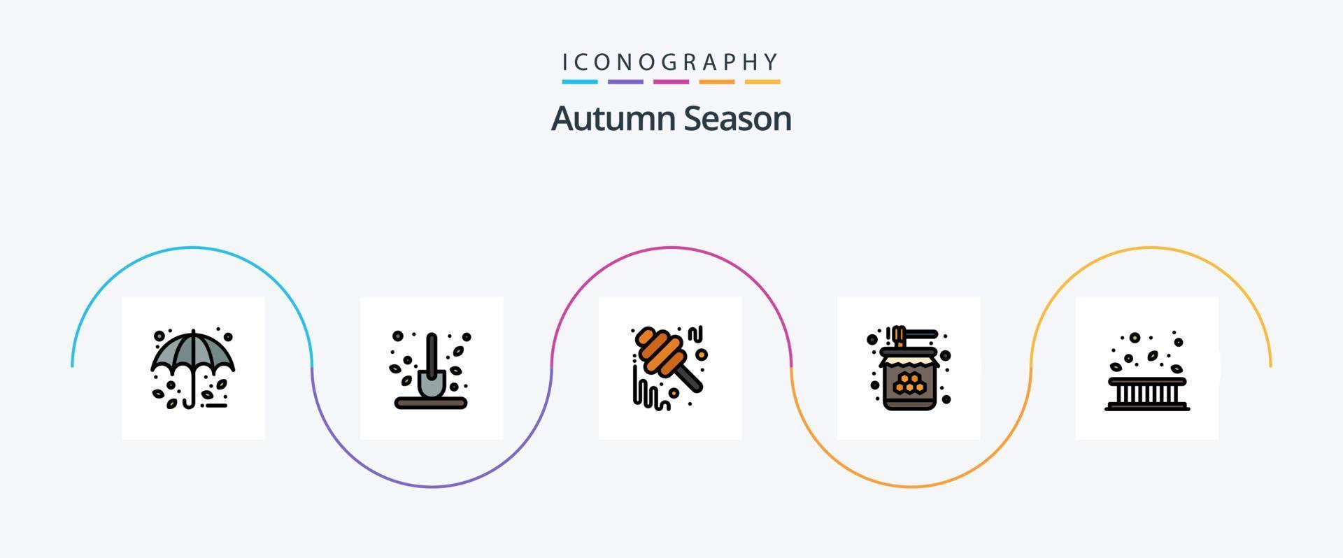 Herbstlinie gefülltes flaches 5-Icon-Paket einschließlich Glas. Lebensmittel. Schaufel. Biene. Marmelade vektor