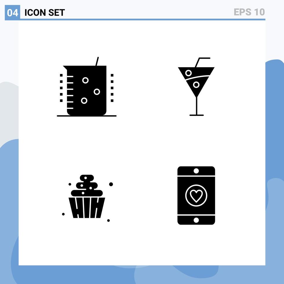 Gruppe von 4 soliden Glyphen Zeichen und Symbolen für saure Desserts Chemielabor Strandgetränke weich servieren editierbare Vektordesign-Elemente vektor