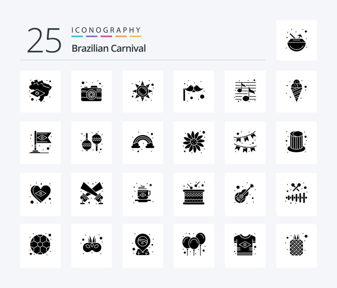 Brasilianischer Karneval 25 solides Glyphen-Icon-Pack inklusive Nacht. Lied. hell. Musik. Kostüm vektor