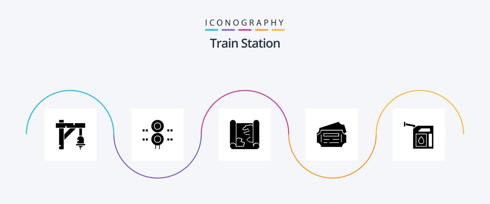 tåg station glyf 5 ikon packa Inklusive gas. station. transport. biljett. punkt vektor