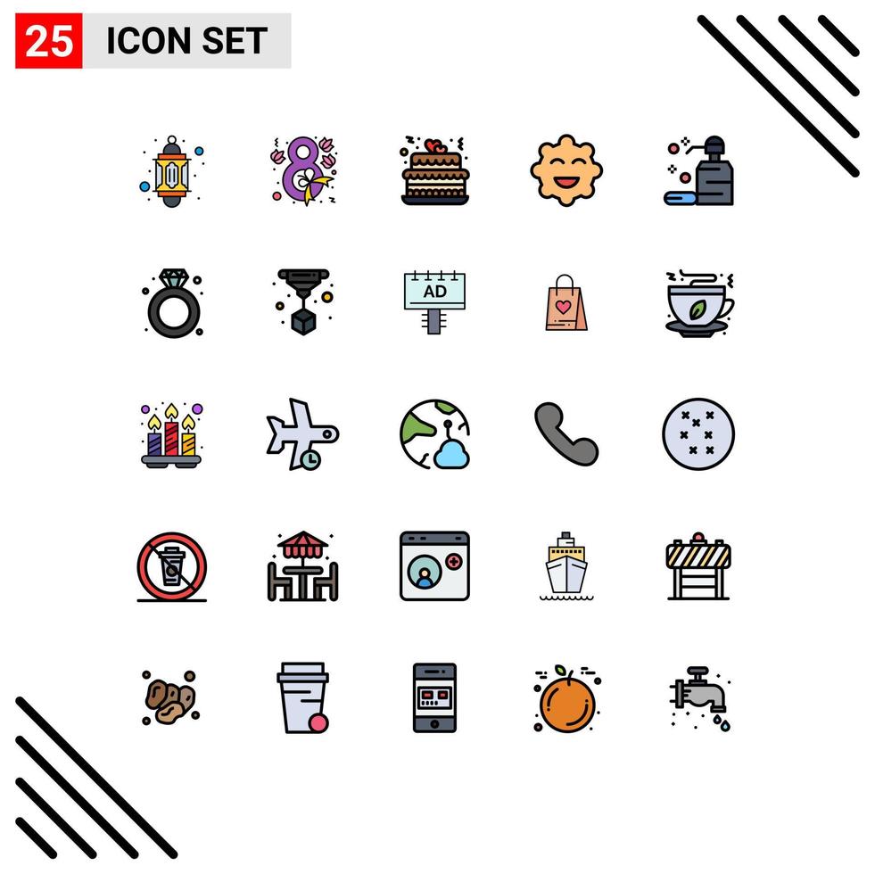 Packung mit 25 modernen, gefüllten flachen Farbzeichen und Symbolen für Web-Printmedien wie Hautpflege-Kuchen-Emojis-Plätzchen editierbare Vektordesign-Elemente vektor
