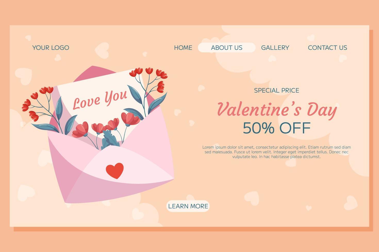 design der landingpage-vorlage zum valentinstag. Rosa offener Umschlag, Buchstabenwörter lieben dich rote Blumen grüne Blätter beige Hintergrund. Sonderpreis Angebot Konzept Online-Shopping dekorative Wolken Herzen vektor