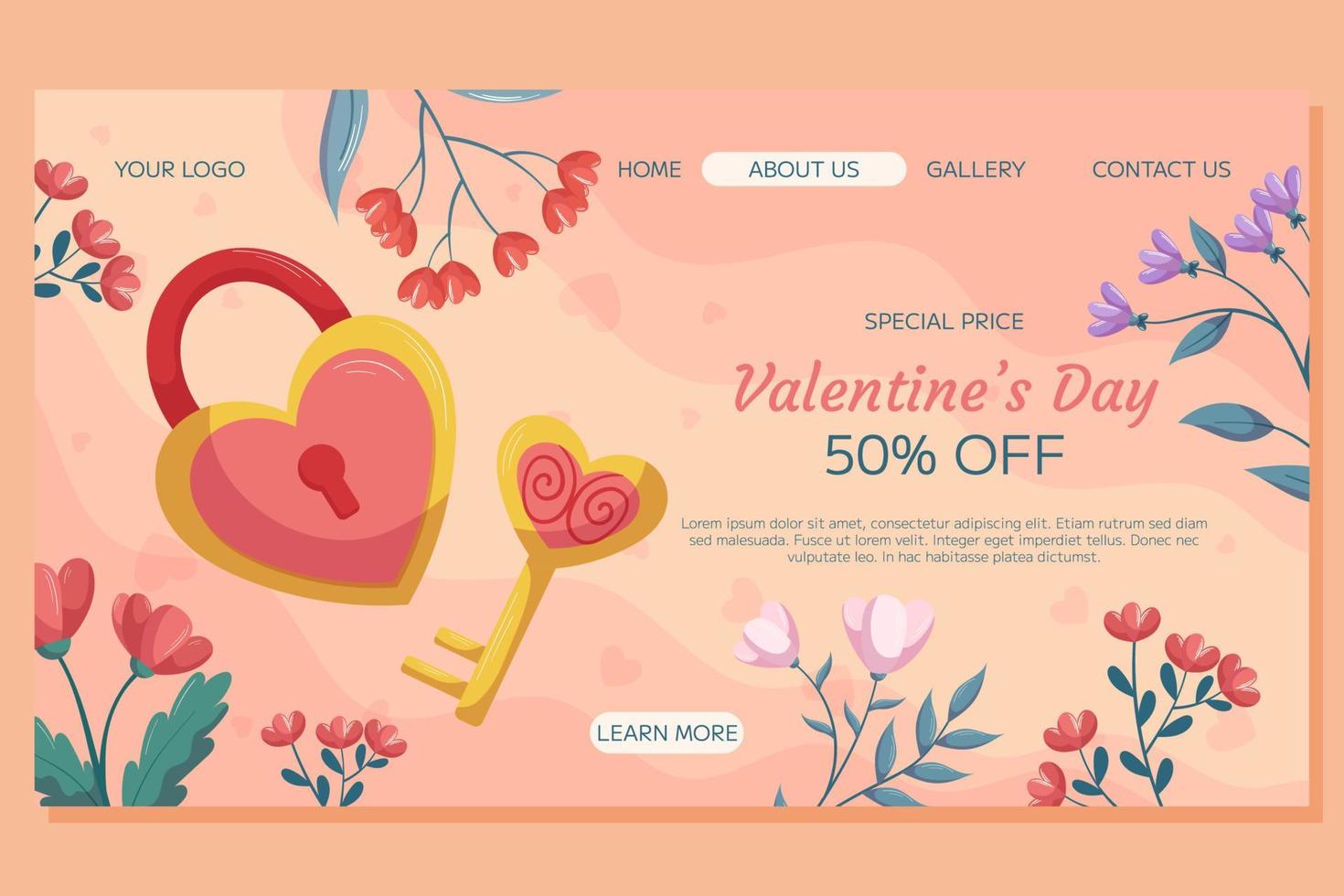 st. design der landingpage-vorlage zum valentinstag. schloss und schlüssel in herzform, gold und rosa farbe mit floralem rahmen auf beigem hintergrund. Sonderpreiskonzept Online-Shopping vektor