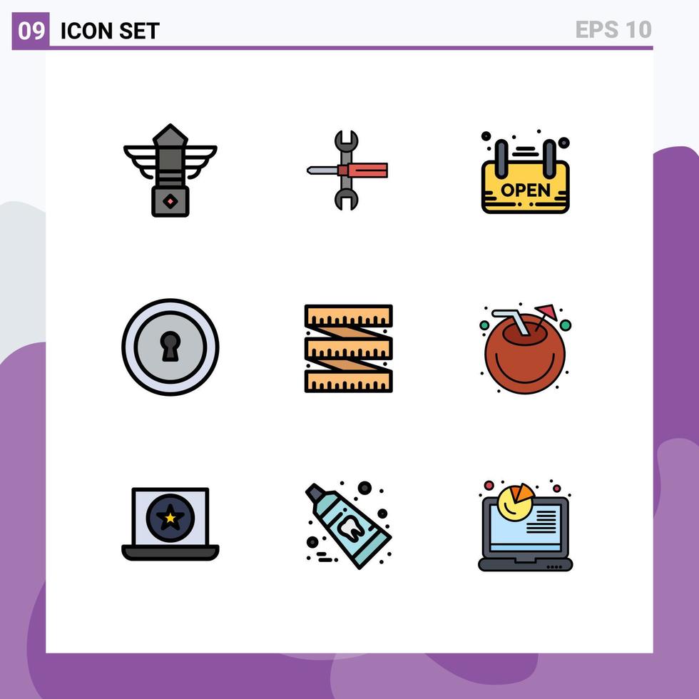 Set mit 9 kommerziellen Filledline-Flachfarben-Packs für Diät Private Tools Schlüssellochbeschilderung editierbare Vektordesign-Elemente vektor