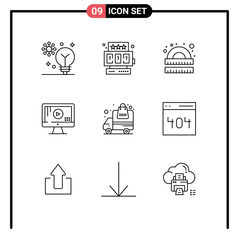 Stock Vector Icon Pack mit 9 Zeilenzeichen und Symbolen für die Lieferung Play Drawing Monitor Study editierbare Vektordesign-Elemente