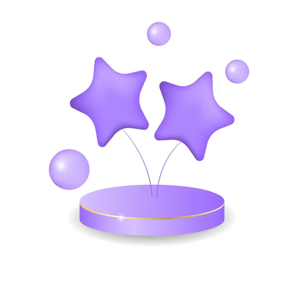 3D-gerendertes lila Podium mit Sternen und Seifenblasen für Show-Kid-Produkte. Elemente auf weißem Hintergrund. vektor