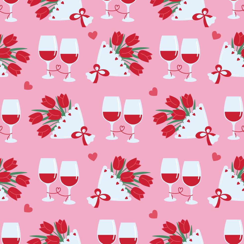 sömlös mönster med glasögon av vin och buketter av blommor på rosa bakgrund. vektor platt illustration för valentines dag, födelsedag, 8 Mars och Övrig Semester