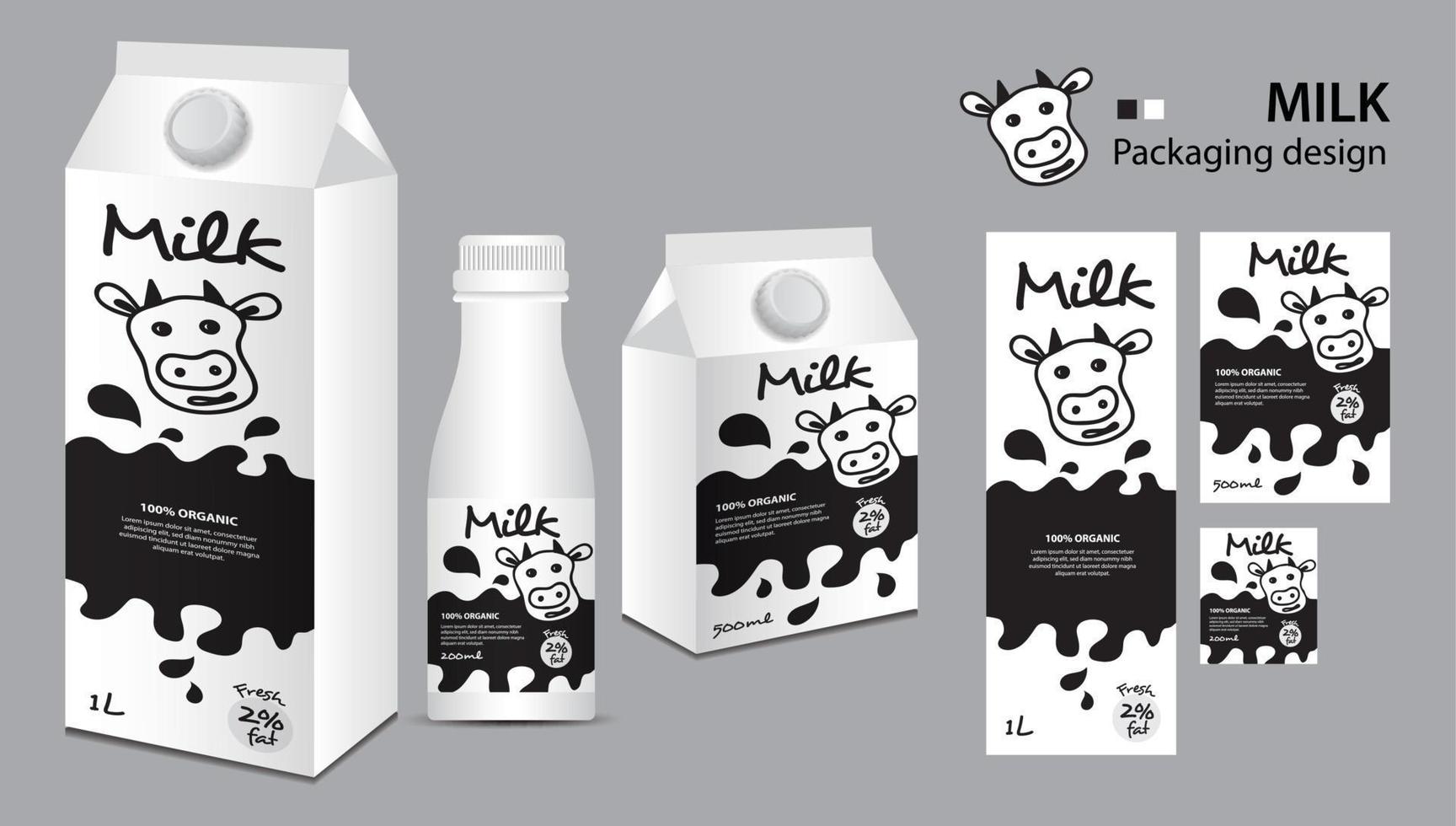 milchverpackungsdesign, milchetikettendesign, milchboxenset und flaschenvektor, realistische 3d-illustration der box, kreative verpackungsvorlage, produktdesign, lebensmittelbanner, niedliche kuhlogo-karikaturillustration vektor