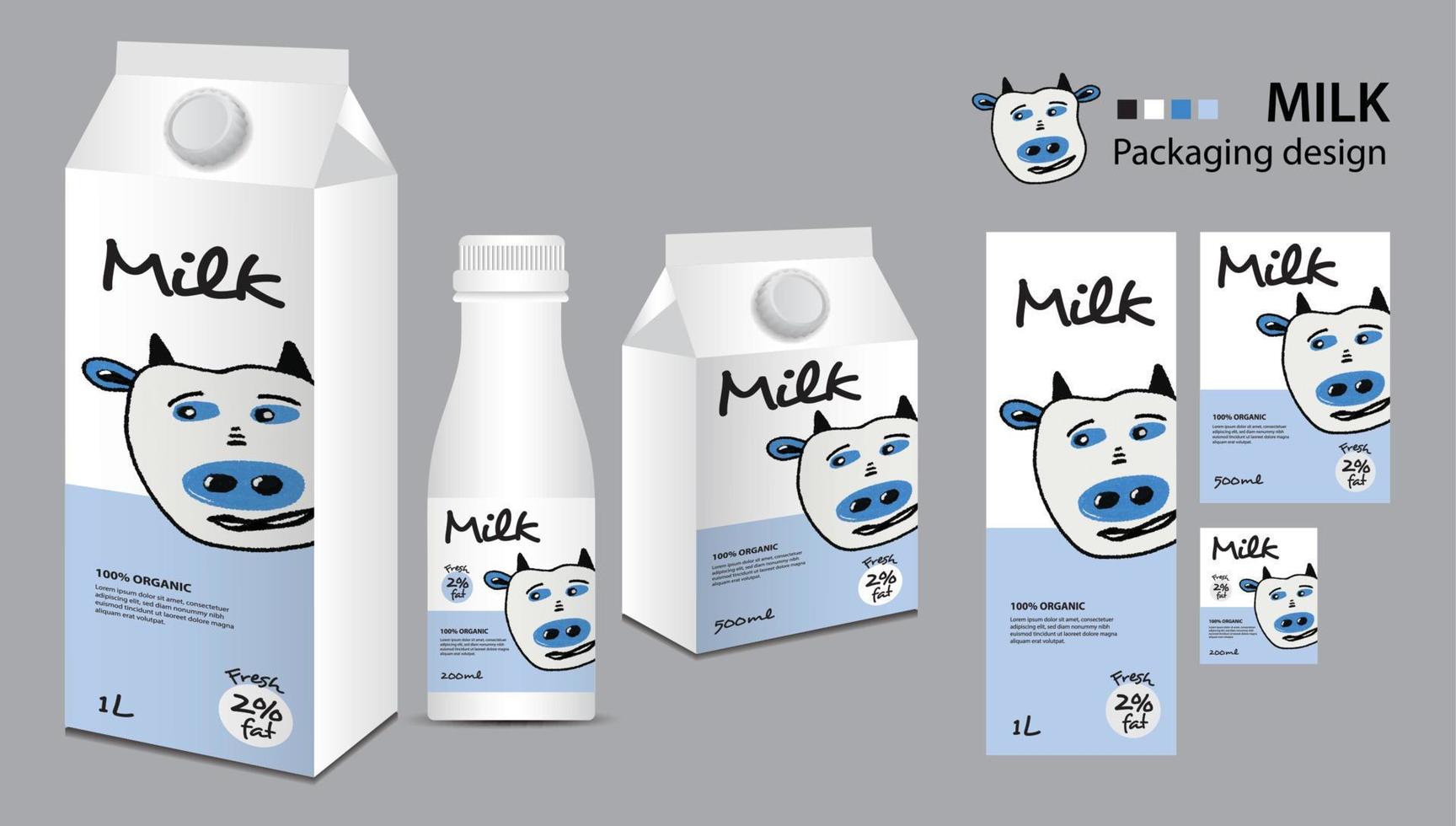 mjölk paket design, mjölk märka design, mjölk lådor uppsättning och flaska vektor, låda realistisk 3d illustration, kreativ förpackning mall, produkt design, mat baner, söt ko logotyp tecknad serie illustration vektor