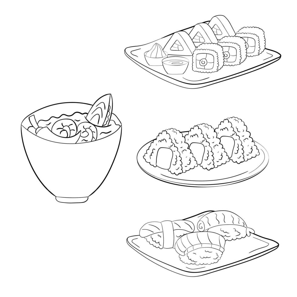 uppsättning av sushi och onigiri på tallrikar, linje konst. vektor illustration på en vit bakgrund.