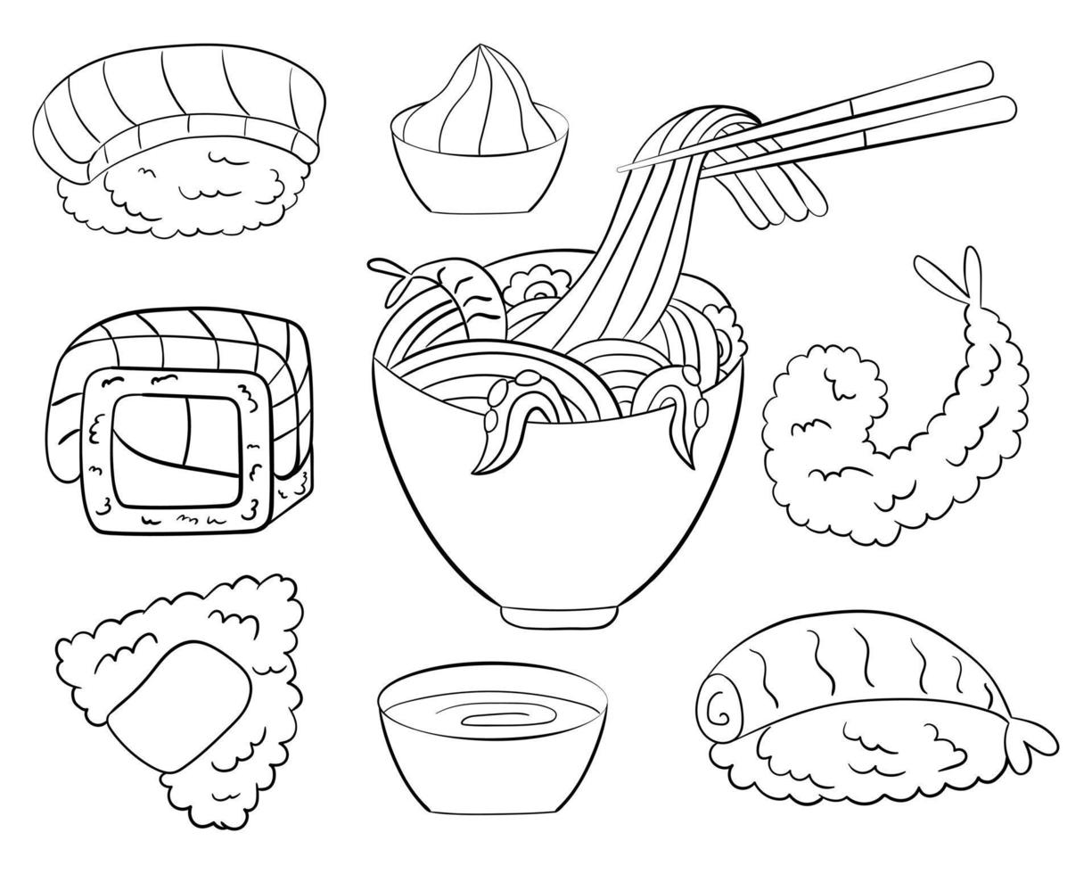 Set aus Sushi, Onigiri, Ramen-Nudeln und Garnelen, Strichzeichnungen. Vektor-Illustration auf weißem Hintergrund. vektor