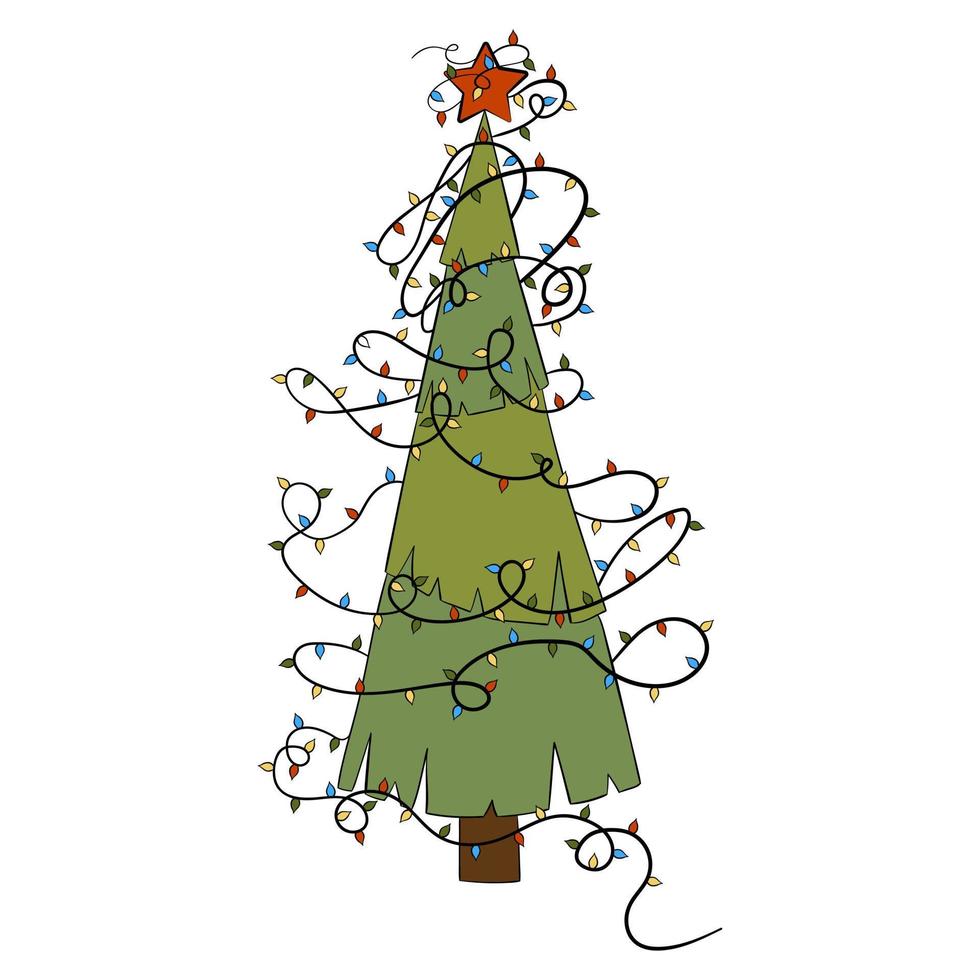 Cartoon-Weihnachtsbaum mit Weihnachtsbeleuchtung. vektor