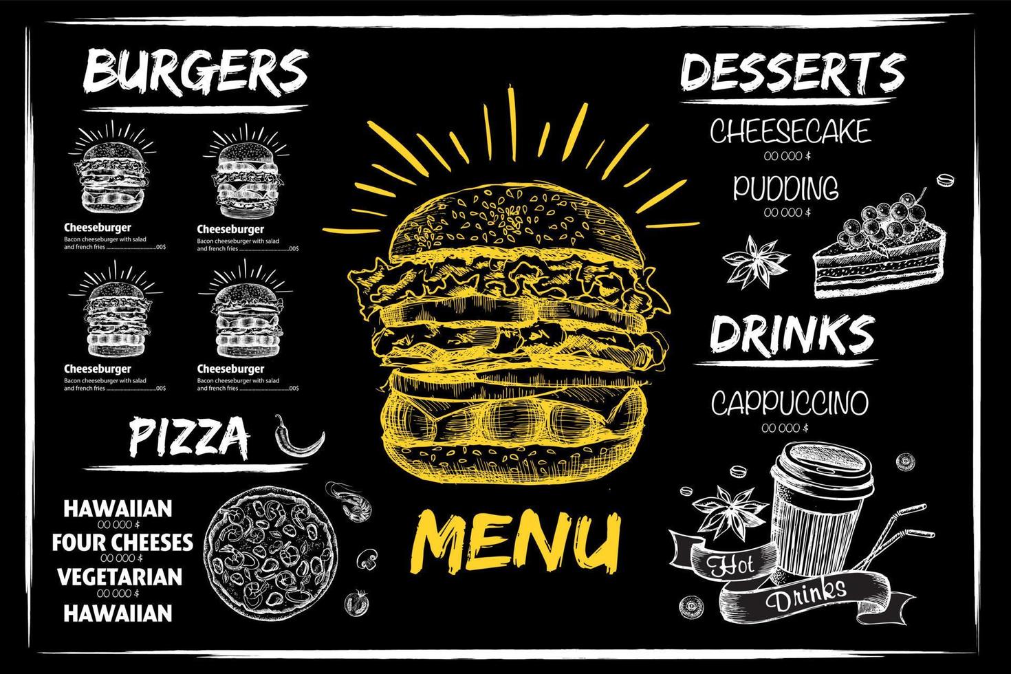 menyrestaurangbroschyr. flygblad med handritad grafik. vektor